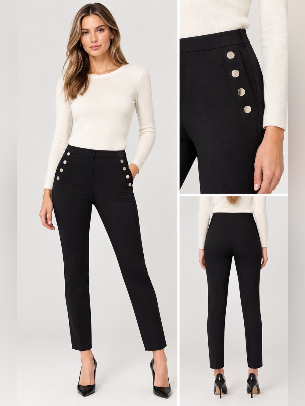 NWOT 10 Crosby Derek Lam Black Slim Straight Dress Pants Gold Buttons, Size 12